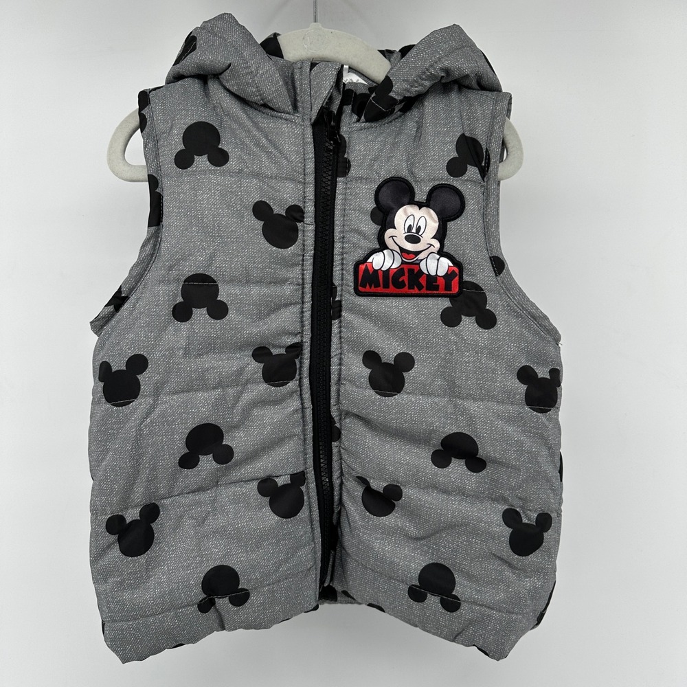 Disney Junior Mickey Mouse Hooded Puffer Vest Gray Black Ears 2T 20V1706MM EUC